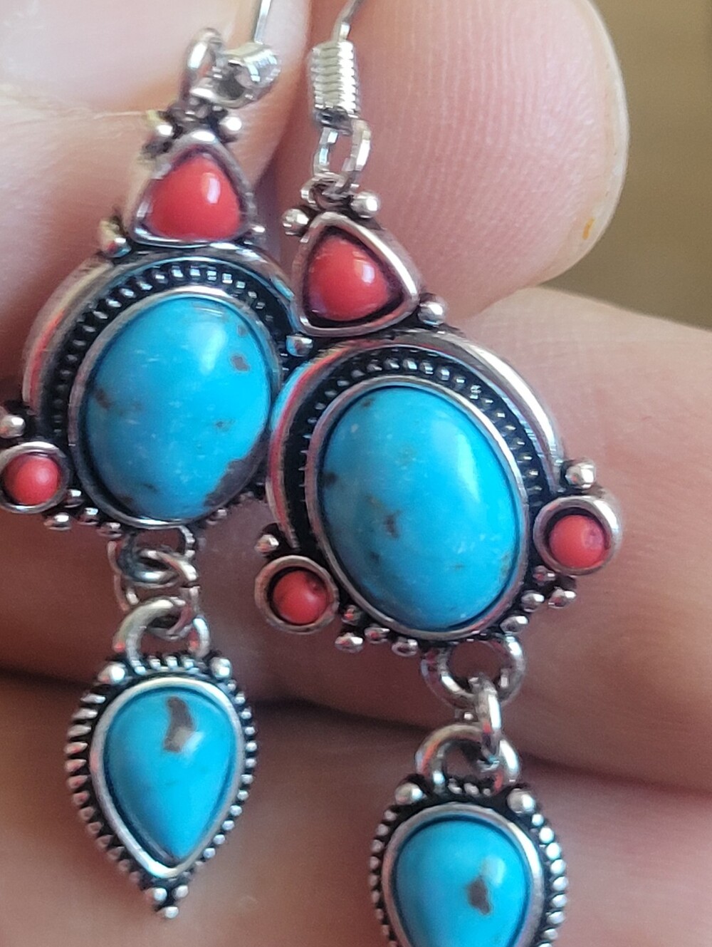 Turquoise and Coral Silver Drop Earrings - Women Jewelry